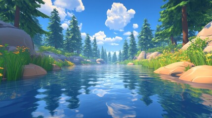A Beautiful Forest Landscape Featuring Calm River And Blue Sky