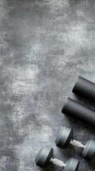 Elevate Your Fitness: Dumbbells and Yoga Mat on a Textured Gray Backdrop - Strength, Wellness, and Healthy Lifestyle in a Still Life Composition with Copy Space.