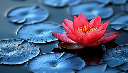Red water lily blooms in serene pond