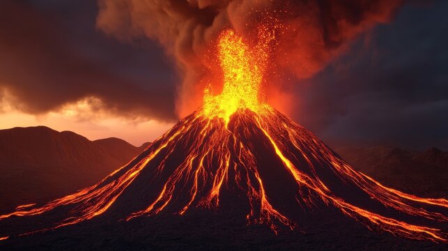 Erupting Volcano Dramatic 3D Render, Fiery Lava Flow, Volcanic Landscape, volcano eruption, lava Volcanic eruption, lava flow