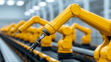 Close-up of Yellow Industrial Robot Arm Assembly Line, Automation, Manufacturing, Robotics Automation, Robotics