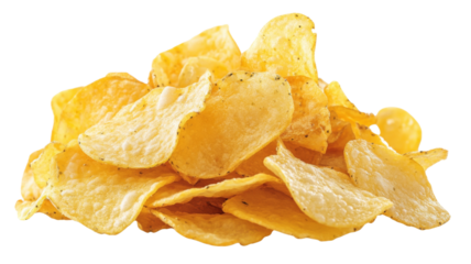 Delicious crispy potato chips piled up on transparent background