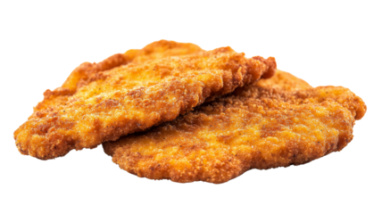 Two breaded chicken cutlets overlaying each other on transparent background
