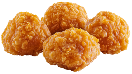 Four breaded and fried chicken balls on transparent background