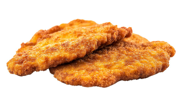 Two breaded chicken cutlets overlaying each other on transparent background