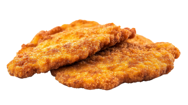 Two breaded chicken cutlets overlaying each other on transparent background