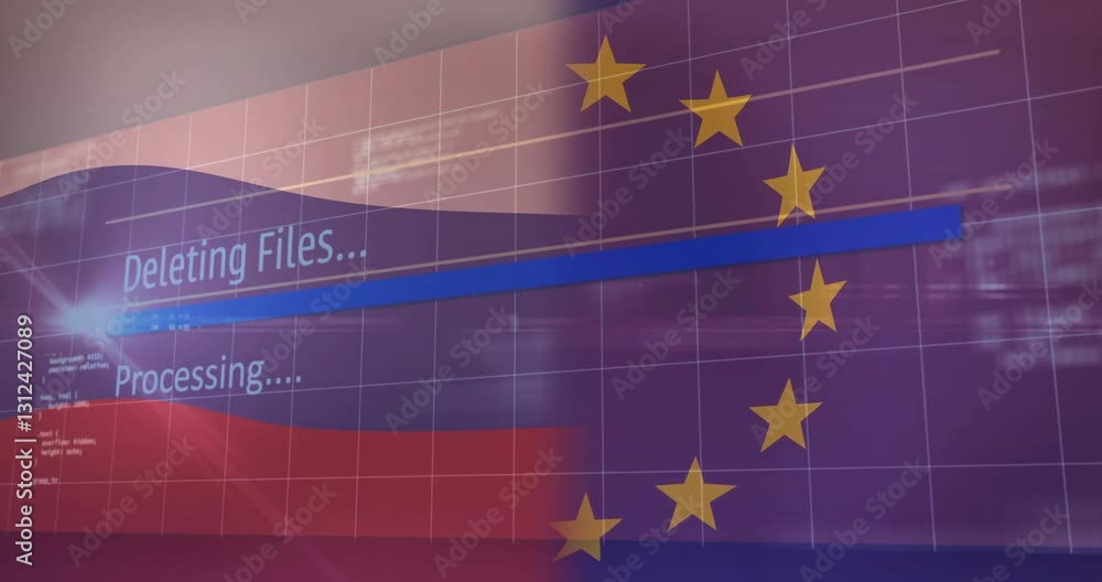 Poster deleting files, processing text with animation over european union flag in school