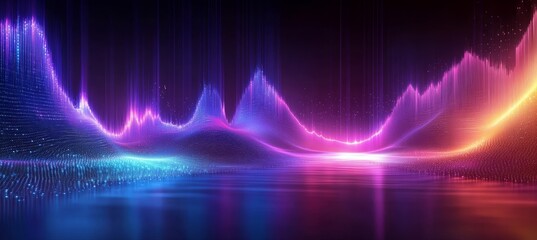 Naklejka premium Abstract Neon Landscape Digital Art, Particle Waves, Glowing Spectrum, Cyberpunk, Data Visualization Cyberpunk, Data Visualization