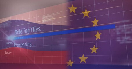 Deleting files, processing text with animation over European Union flag in school - Powered by Adobe