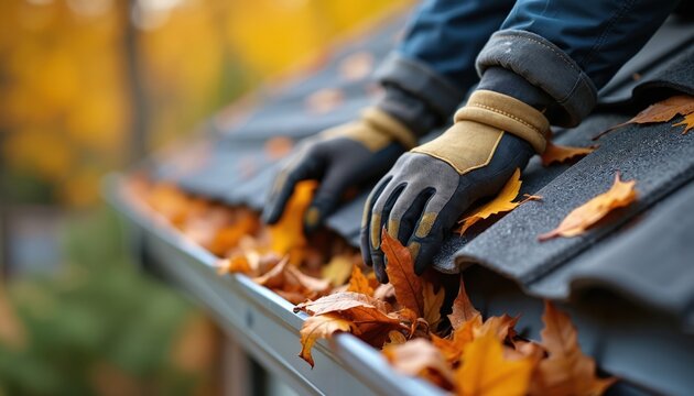 Worker gloves remove orange autumn leaves from roof gutters for winter weather home preparation. Safeguarding property by clearing fallen foliage. Prevent damage, water drainage, ensures clear