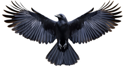 Fototapeta premium Black raven flying with open wings on transparent background