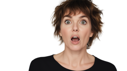 Woman in her 30s expressing surprise, mouth slightly open, eyes wide, professional studio lighting, white background png 