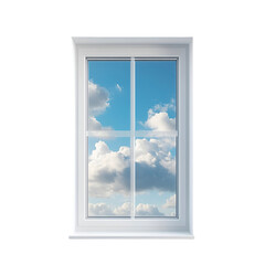 White window frame showcasing blue sky and fluffy clouds a peaceful view,
