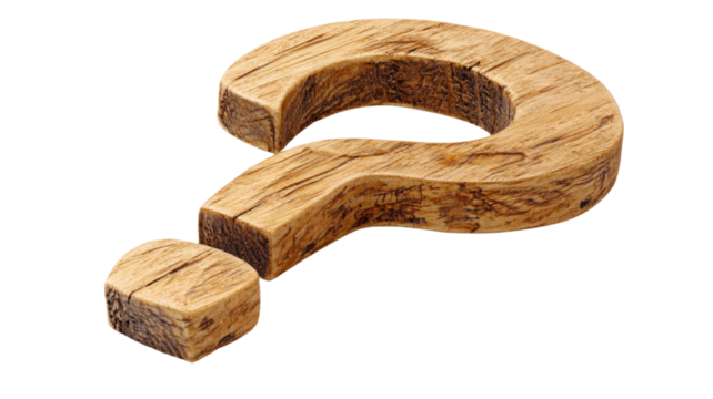 Large wooden question mark symbol on transparent background