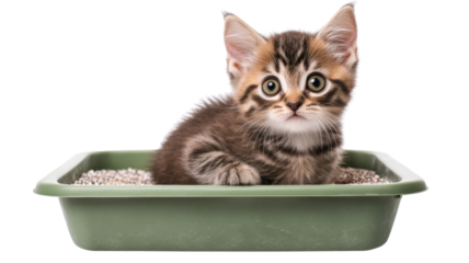 Tabby kitten using green litter box on transparent background