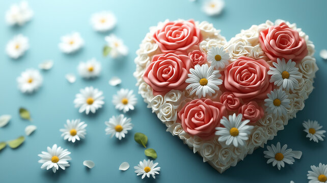 3D illustration of a heart-shaped bouquet with roses and daisies, placed on a table