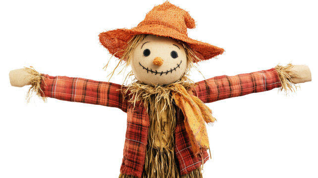 Smiling scarecrow wearing orange hat and plaid shirt with open arms on transparent background