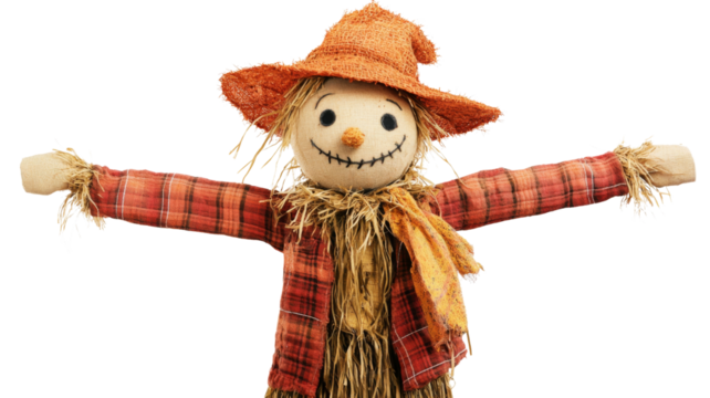 Smiling scarecrow wearing orange hat and plaid shirt with open arms on transparent background