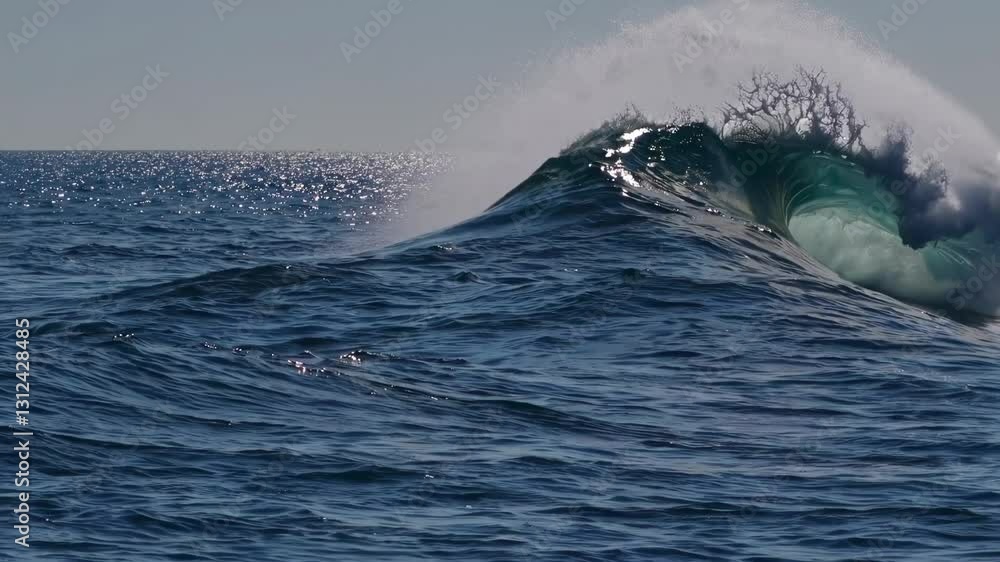 Poster dynamic video of a powerful ocean wave captured from a low angle, highlighting the wave's crest and 