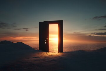 Open Doorway on Desert Hillside with Keys at Sunset Over Sea
