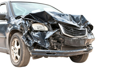 Front of black car showing extensive damage after crashing on transparent background