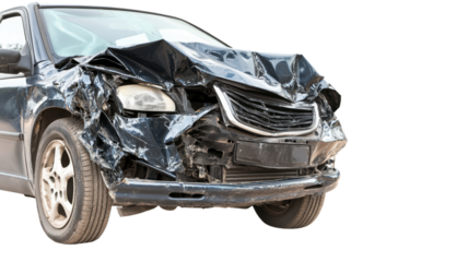 Front of black car showing extensive damage after crashing on transparent background