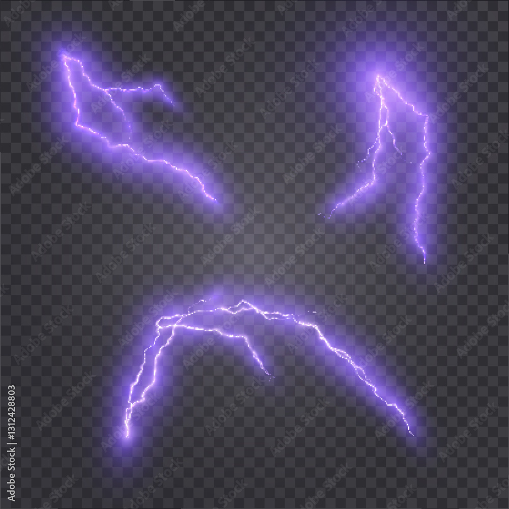 Poster Lightning isolated on transparent background PNG. Lightning and discharge impact force, thunder, sparkle. Vector