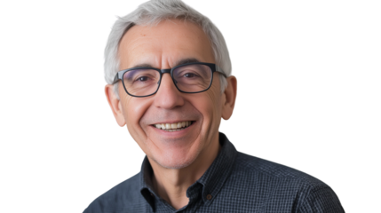 Senior man with gray hair and glasses, smiling warmly, wise and friendly appearance, ultra-sharp details, white background png