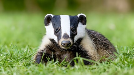 Closeup Portrait of a Young Badger in Green Grass