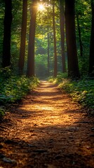 Obraz premium Pathway sunlight illuminated golden forest high resolution hd picture