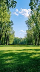 Fototapeta premium Lush Green Meadow Under a Bright Blue Sky: A Tranquil Landscape with Trees, Grass, and Sunlight, Perfect for a Summer Day in Nature's Embrace. Serene and Vibrant Outdoors