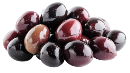 Kalamata olives forming a small pile on transparent background