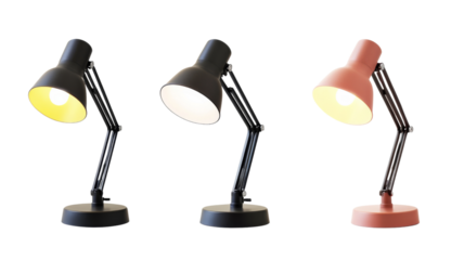 Three desk lamps with transparent background, showing warm, cold and off light settings