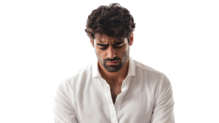 Businessman lowering his head showing disappointment with transparent background