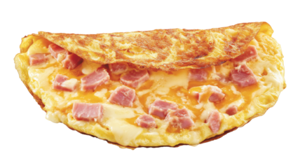 Folded omelette filled with ham and melted cheese on transparent background