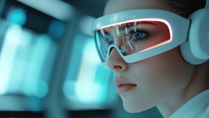 Futuristic woman wearing high tech augmented reality headset with neon pink lights in a sci fi environment focused on digital interface and virtual display