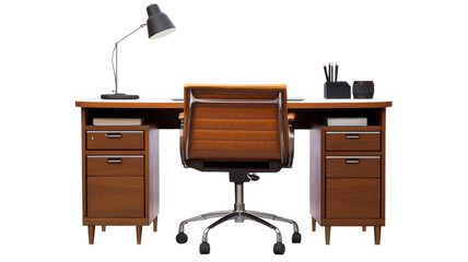 Modern office desk with chair and lamp on transparent background
