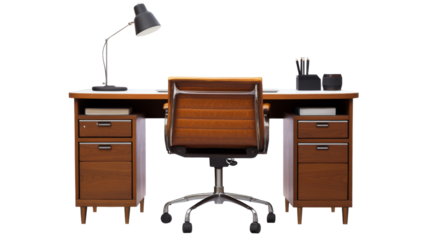 Modern office desk with chair and lamp on transparent background