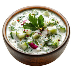 A Bowl of Indian Raita Yogurt Based Side Dish with Cucumbers and Herbs Isolated on Transparent Background
