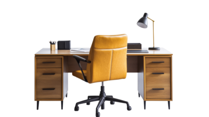 Modern office desk with yellow chair and lamp on transparent background