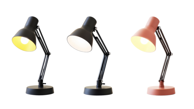 Three desk lamps with transparent background, showing warm, cold and off light settings
