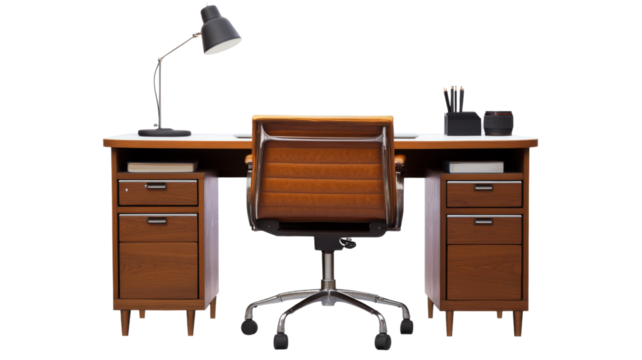 Modern office desk with chair and lamp on transparent background