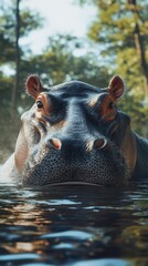 Fototapeta premium Close-up of a hippo partially submerged in water surrounded by lush greenery in a natural habitat during daylight
