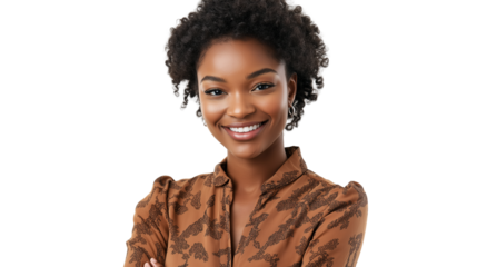 Corporate team leader, a young woman in a chic blouse, soft and professional smile, crisp studio photography png 