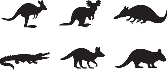 Vector silhouettes of Australian animals including kangaroo, koala, crocodile, and marsupials, black wildlife icons and clipart set