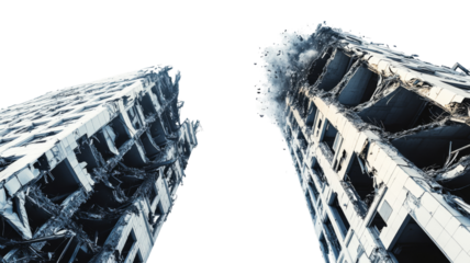 Demolished skyscrapers falling down with transparent background