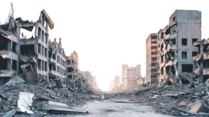 Urban destruction with transparent background revealing devastation