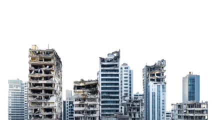 Destroyed city buildings with transparent background representing war or natural disaster