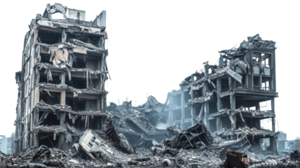 Destroyed buildings standing among rubble with transparent background