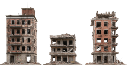 Ruined buildings representing war destruction with transparent background
